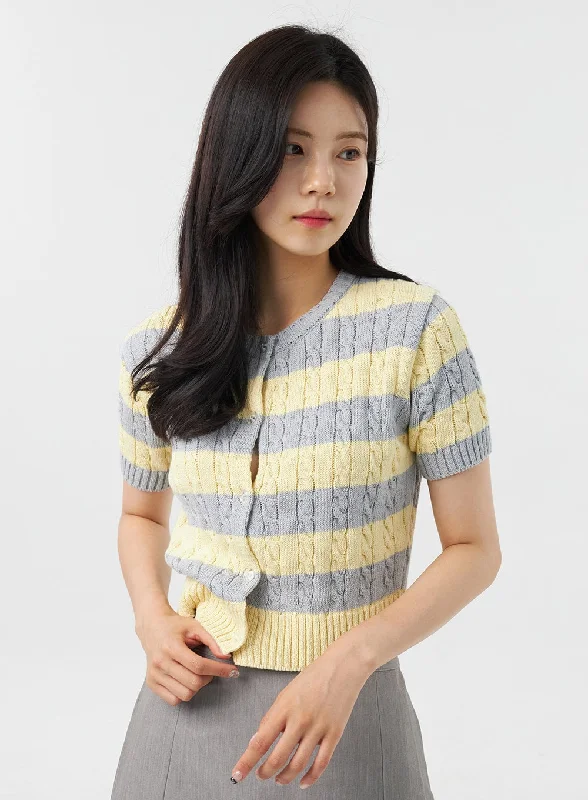 Stripe Button Sweater OU308Knitted Sheer