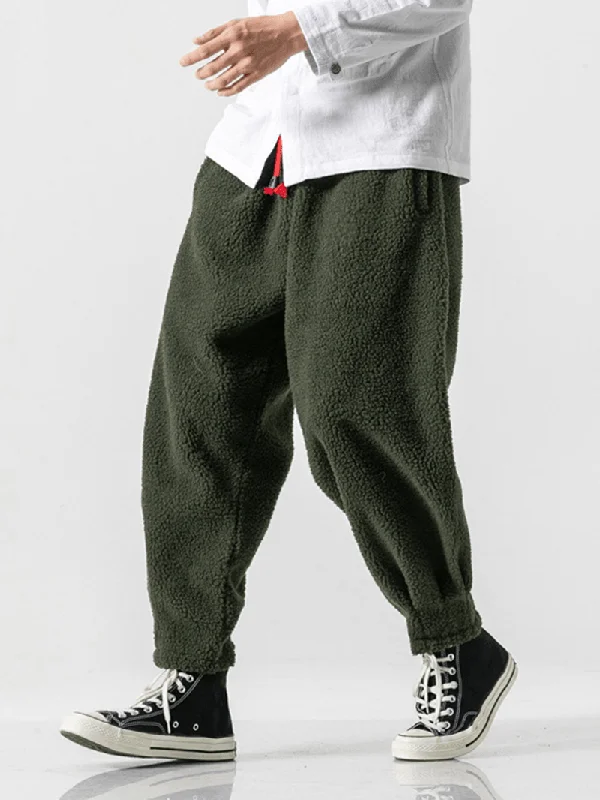 Mens Fleece Warm Thickened Chinese Style Loose Drawstring Wool Harem PantsBermuda Shorts