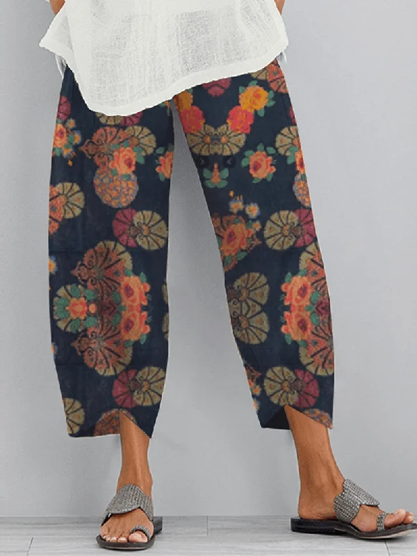 Ethnic Floral Print Elastic Side Pocket Irregular Casual Pants for WomenJodhpurs