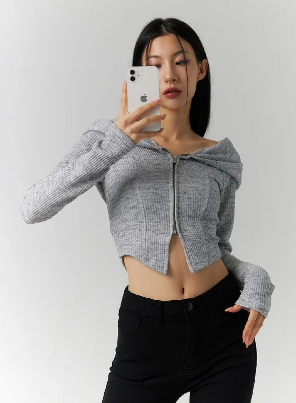 Off-Shoulder Hoodie Knit Top ID306Knitted Crop