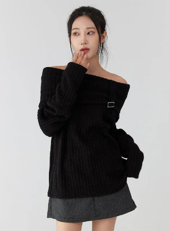 Off-Shoulder Buckle Knit Sweater CD322Knit Sweater