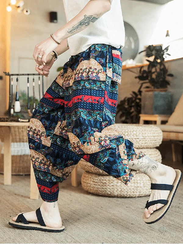 Mens Ethnic Style Print Drawdtring Asymmetrical Harem PantsFleece-lined Pants