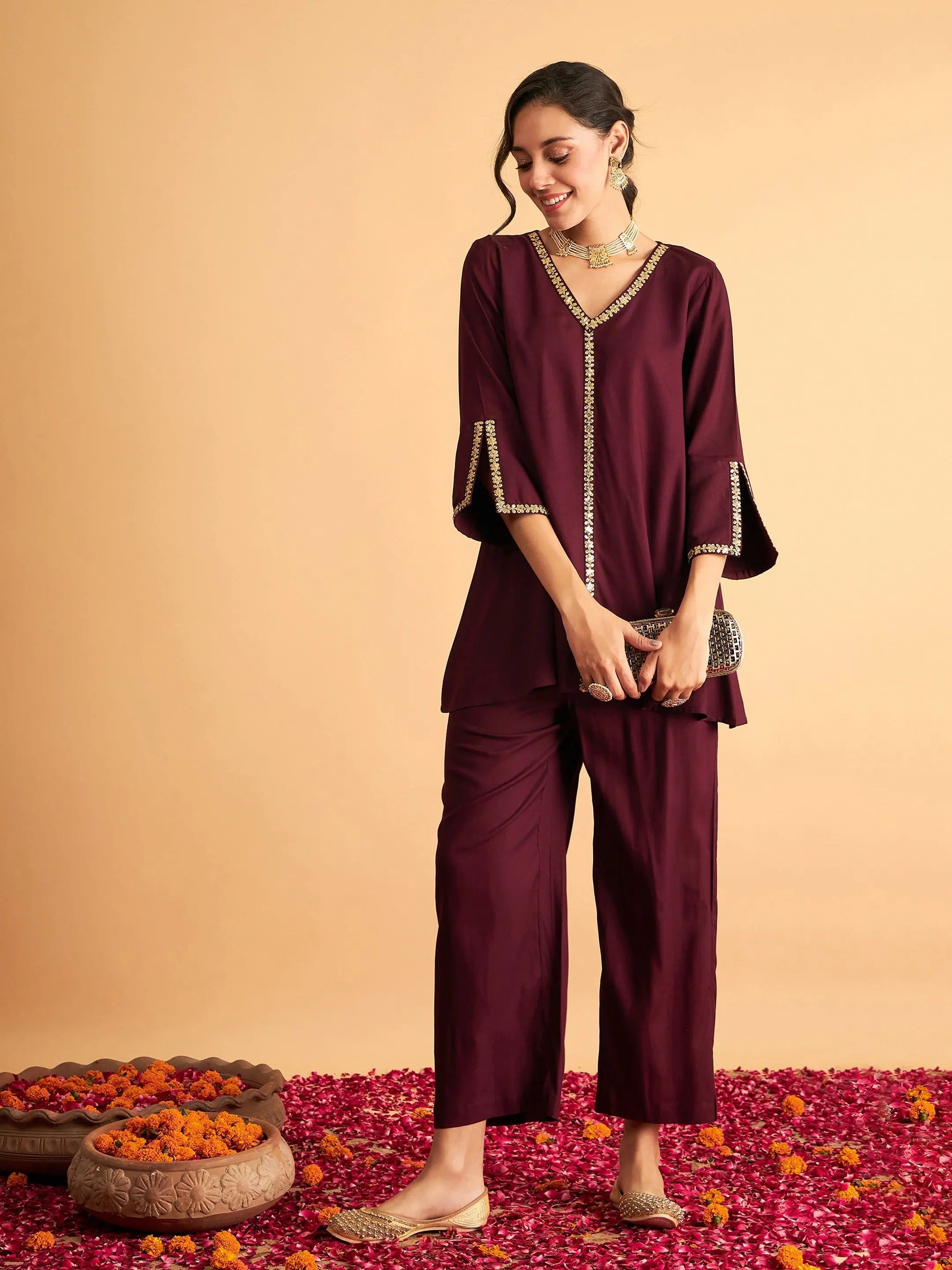 Women Burgundy Embroidered A Line Top With PantsSkorts