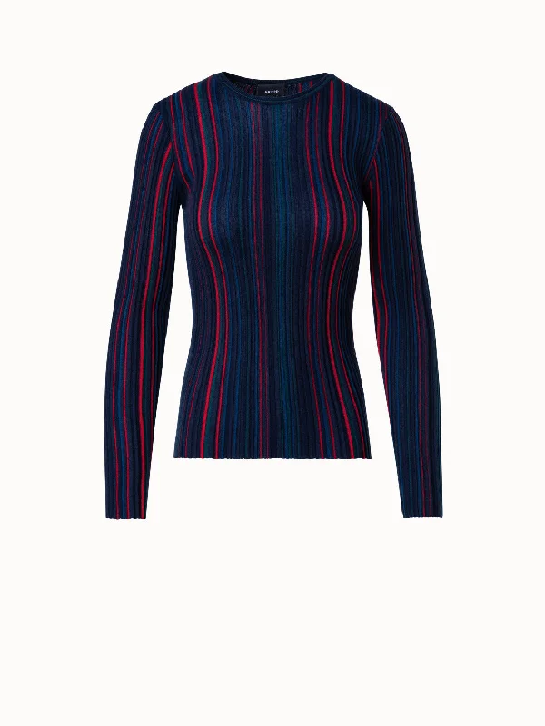 Fitted Wool Silk Sweater with Irregular StripesKnit Crop