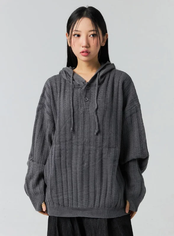 Buttoned Hooded Sweater CO323Knitted Oversized