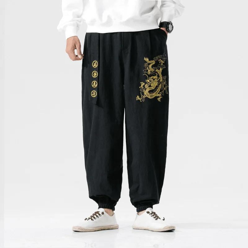 Chinese Style Large Size Dragon and Tiger Embroidery Youth Mens Cotton and Linen Casual PantsSkinny Jeans