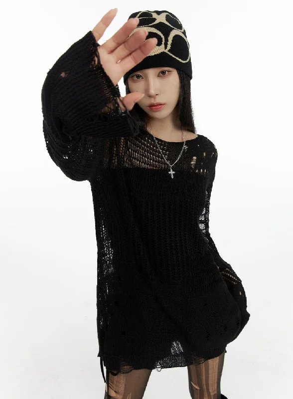 Dark Grunge Damaged Mesh Knit Top CF428Knitted Lace