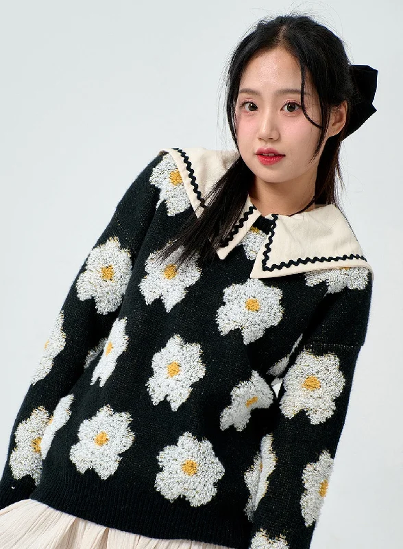 Flower Round Neck Knit BD01Knitted Cardigan