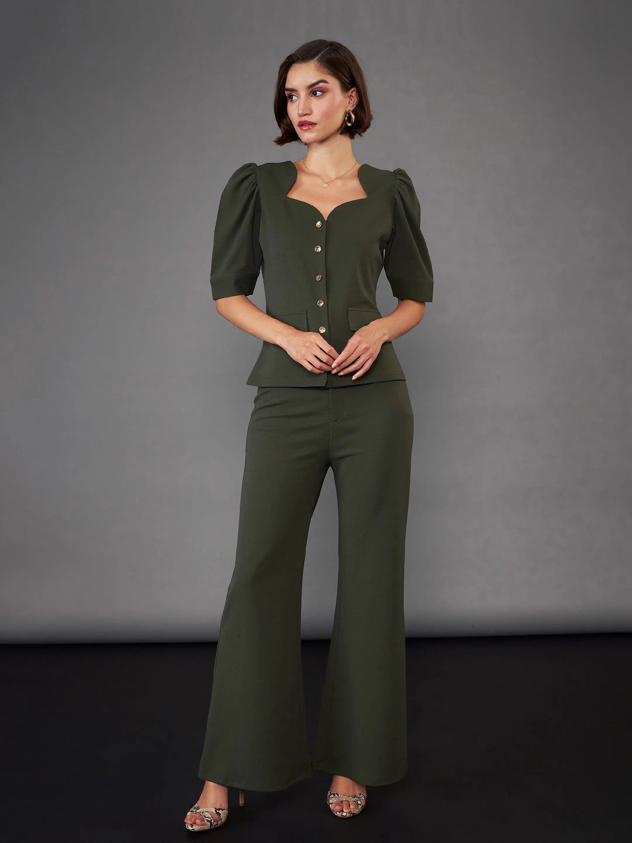 Women Olive Puff Sleeves Top With Bell Bottom PantsRunning Pants