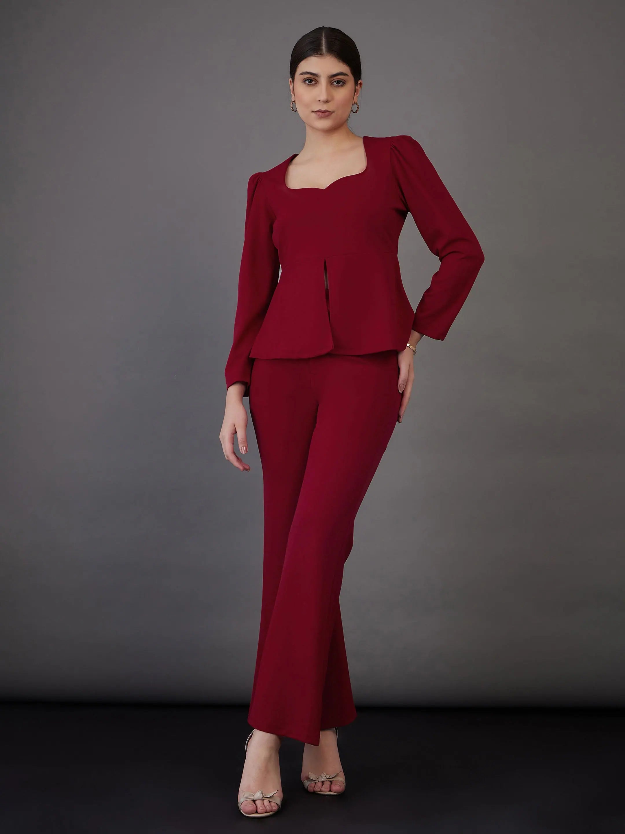 Women Red Peplum Top With Bell Bottom PantsOveralls