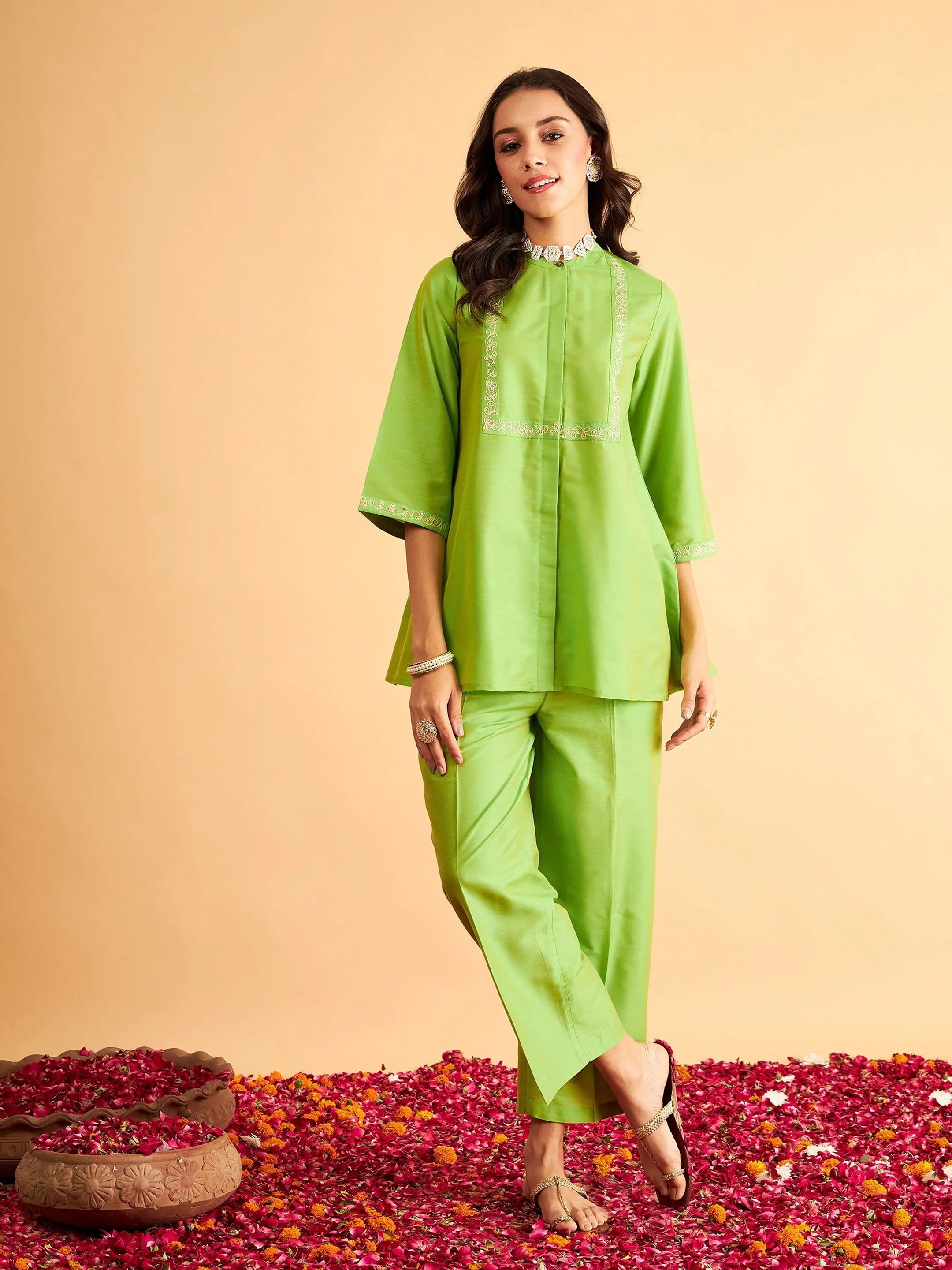 Women Green Embroidered Top With Straight PantsCut-offs