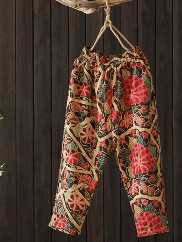 Women Floral Print Elastic Waist Side Pockets Trousers PantsStraight-leg