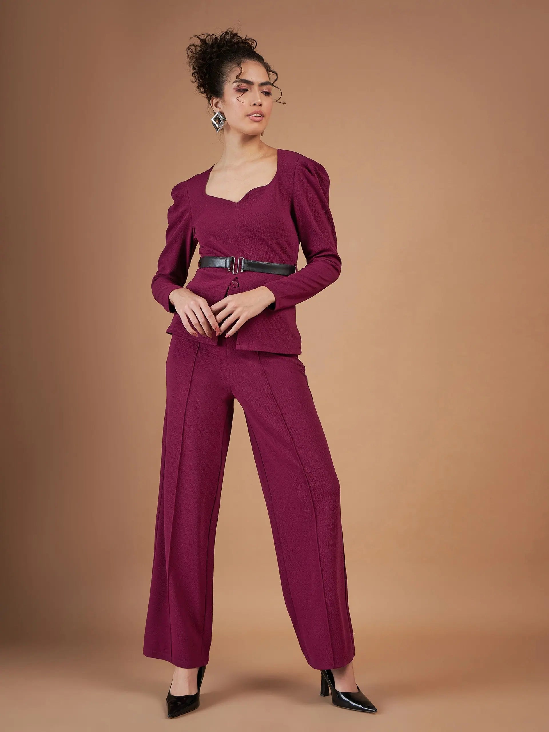 Women Maroon Belted Peplum Top With Darted Straight PantsDungarees