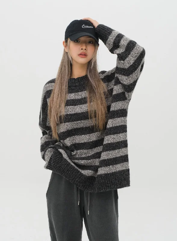 Stripped Loose Fit Knit Sweater J18Knitted Oversized