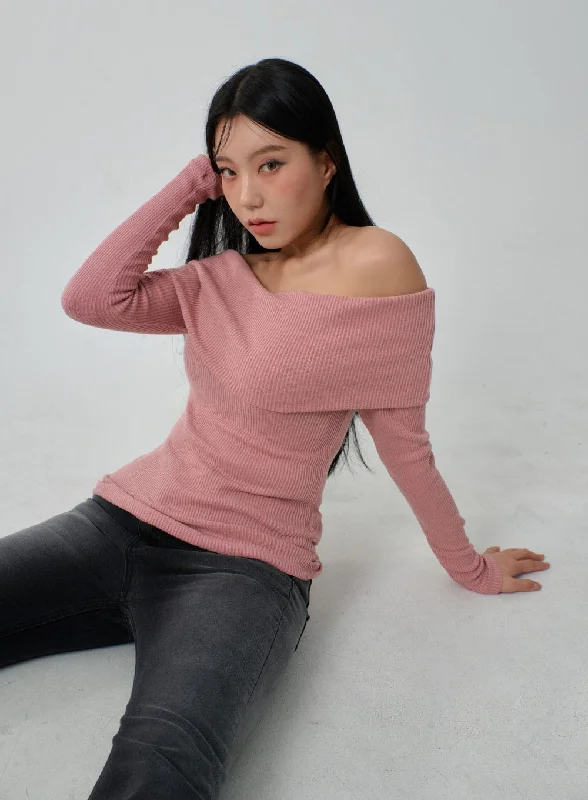 Ribbed Knit Off-Shoulder Top IJ318Knitted Sweater