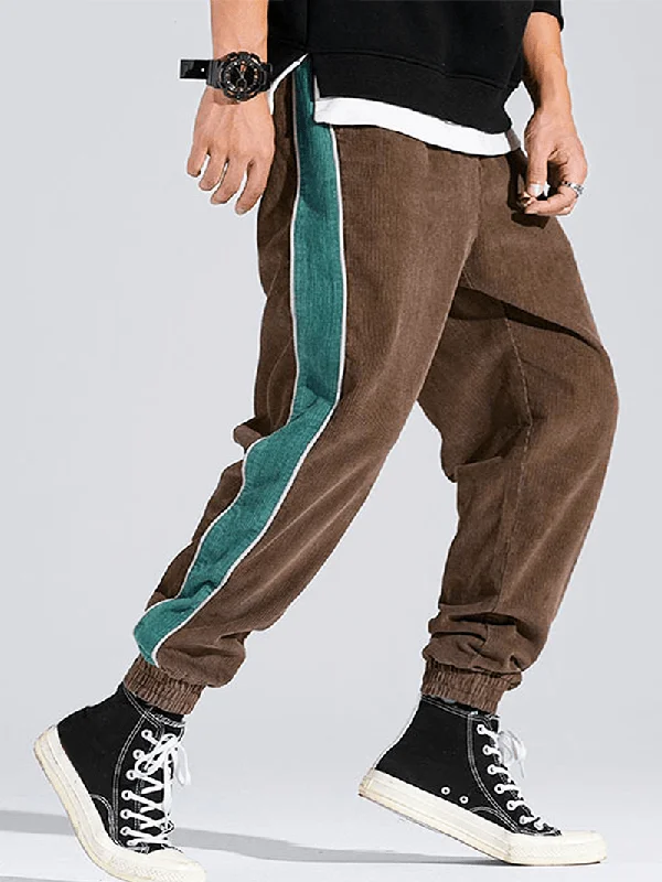 Corduroy Mens Side Stripe Pocket Drawstring Beam Feet Casual PantsRiding Pants