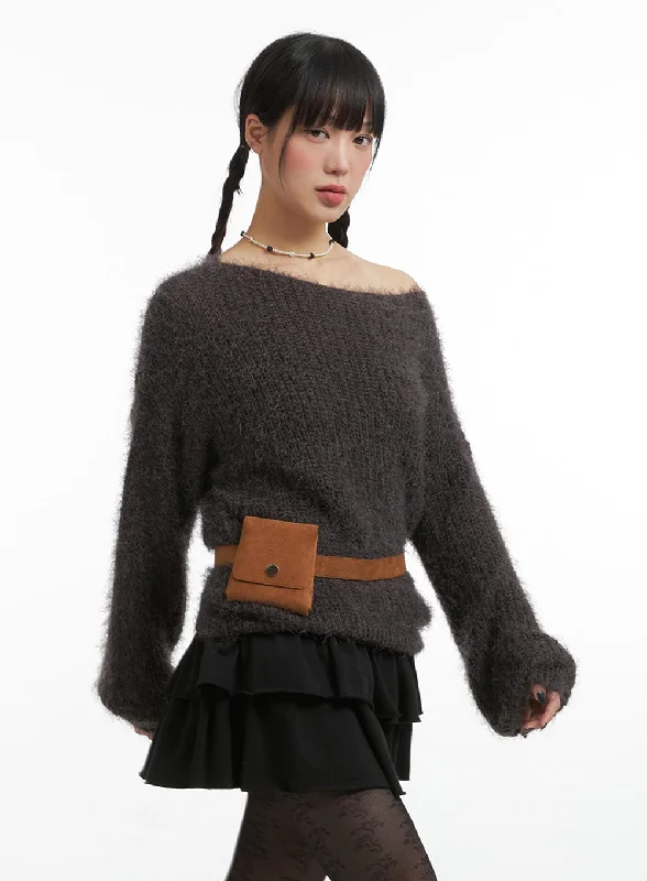 Fuzzy Boat Neck Knit Sweater IJ410Knit Top