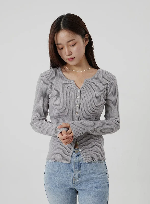 Ribbed Knit Button Top OF302Knitted Blouse