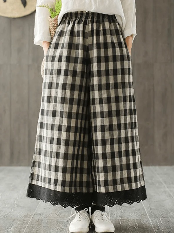 Wide Leg Women Plaid Elastic Waist Pockets PantsTuxedo Pants