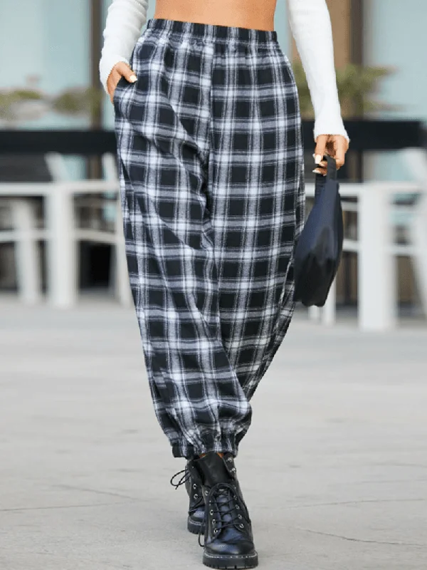 Women Plaid Print Elastic Waist Loose Stylish Beam Feet Pants Harem Pants with PocketsJoggers