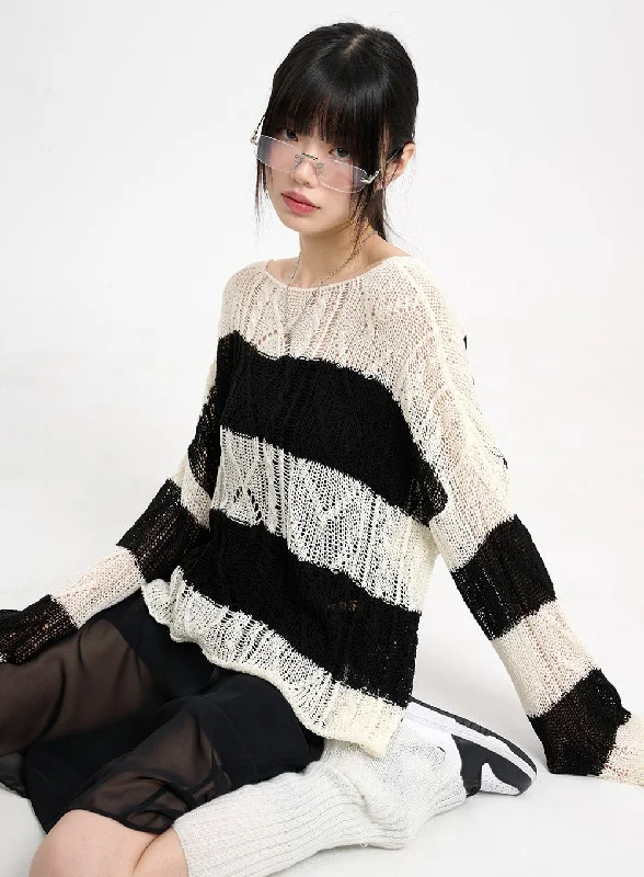 Wool Blend Hollow Out Striped Knit Sweater CM415Knit Graphic