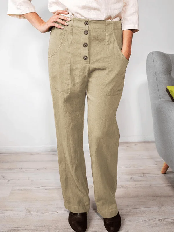 Women Solid Color Elastic Waist Button Loose Casual Pocket PantsCargo Pants