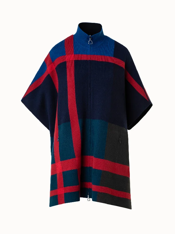 Reversible Cape in 100% Cashmere Double-Face Glen CheckKnitted Long Sleeve