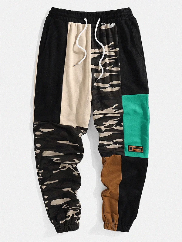 Mens Camo Patchwork Drawstring Cuffed Cargo Sweatpants with PocketZip-off Pants