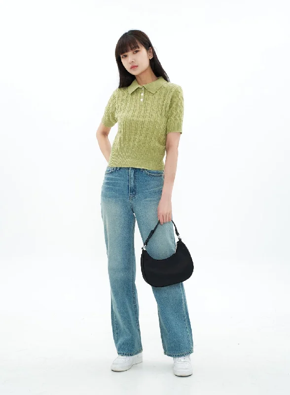 Cable Knit Collared Short-sleeve Sweater CA01Knit Turtleneck