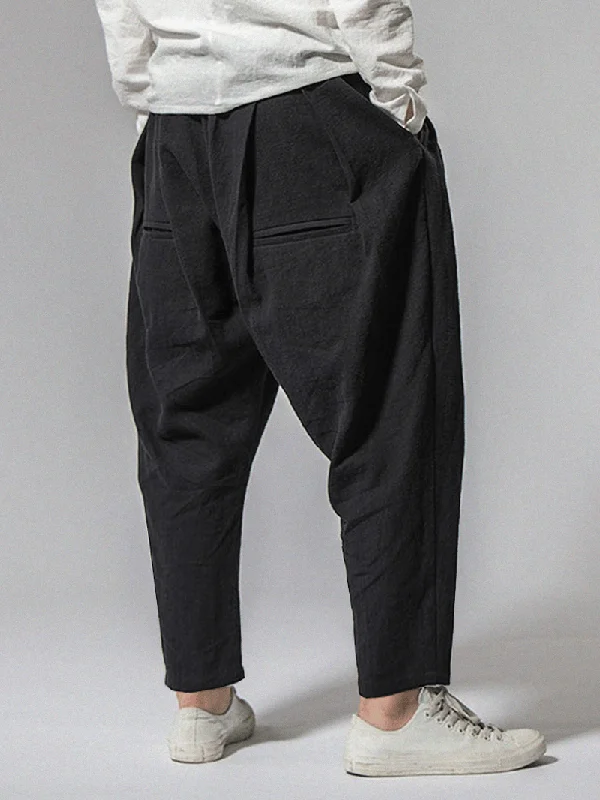 Mens Solid Color 100% Cotton Relaxed Fit Drawstring Black PantsBiker Pants