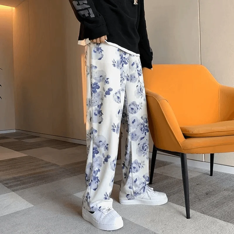 Tie-Dyed Floral Wide-Leg Pants Women Loose and Casual Mopping the FloorBell-bottoms