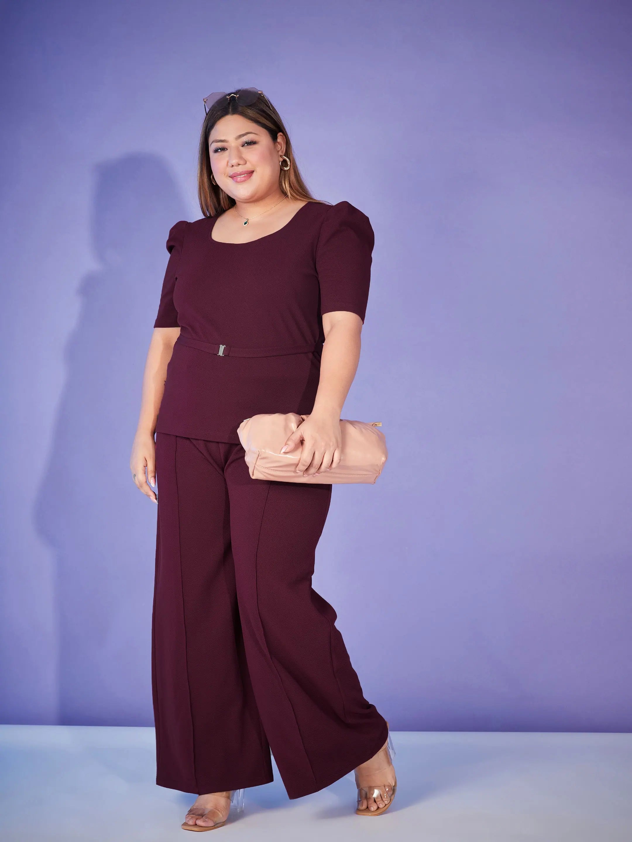 Women Burgundy Belted Top With Bell Bottom PantsJumpsuits