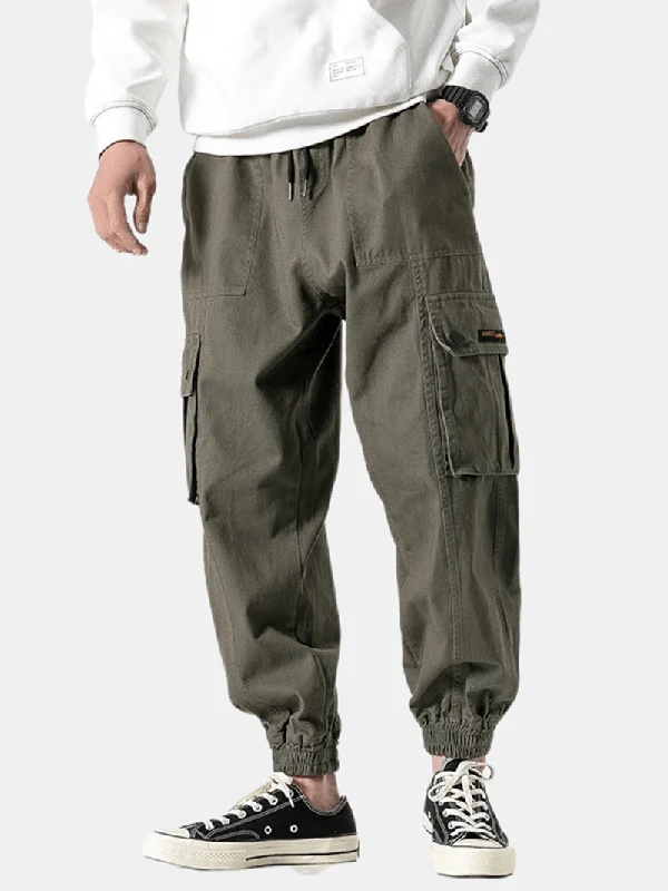 Mens Casual Elastic Waist Pockets Pure Color Straight PantsAnkle Pants