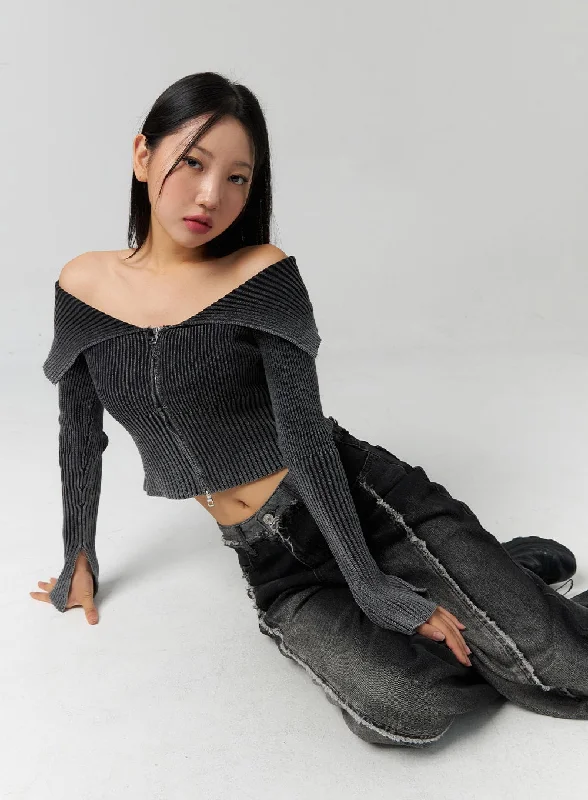 Ribbed Off-shoulder Zip-Up Sweater CS326Knit Fine