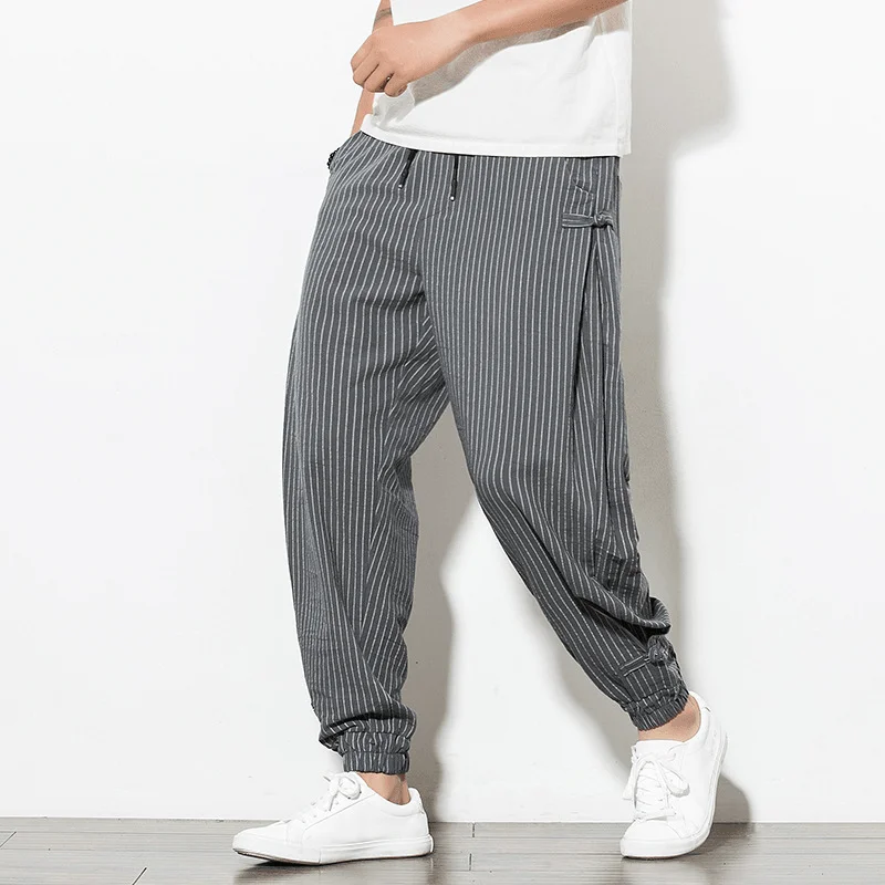 Mens Stripe Side Chinese Frog Drawstring Cotton Linen Harem Pants with PocketAthletic Pants