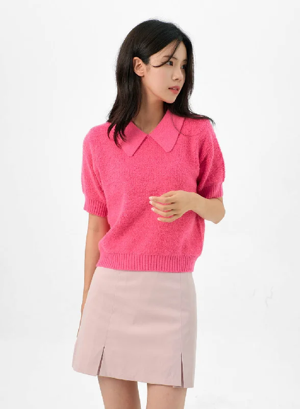 Collared Short-Sleeve Knit Sweater OG322Knit Textured