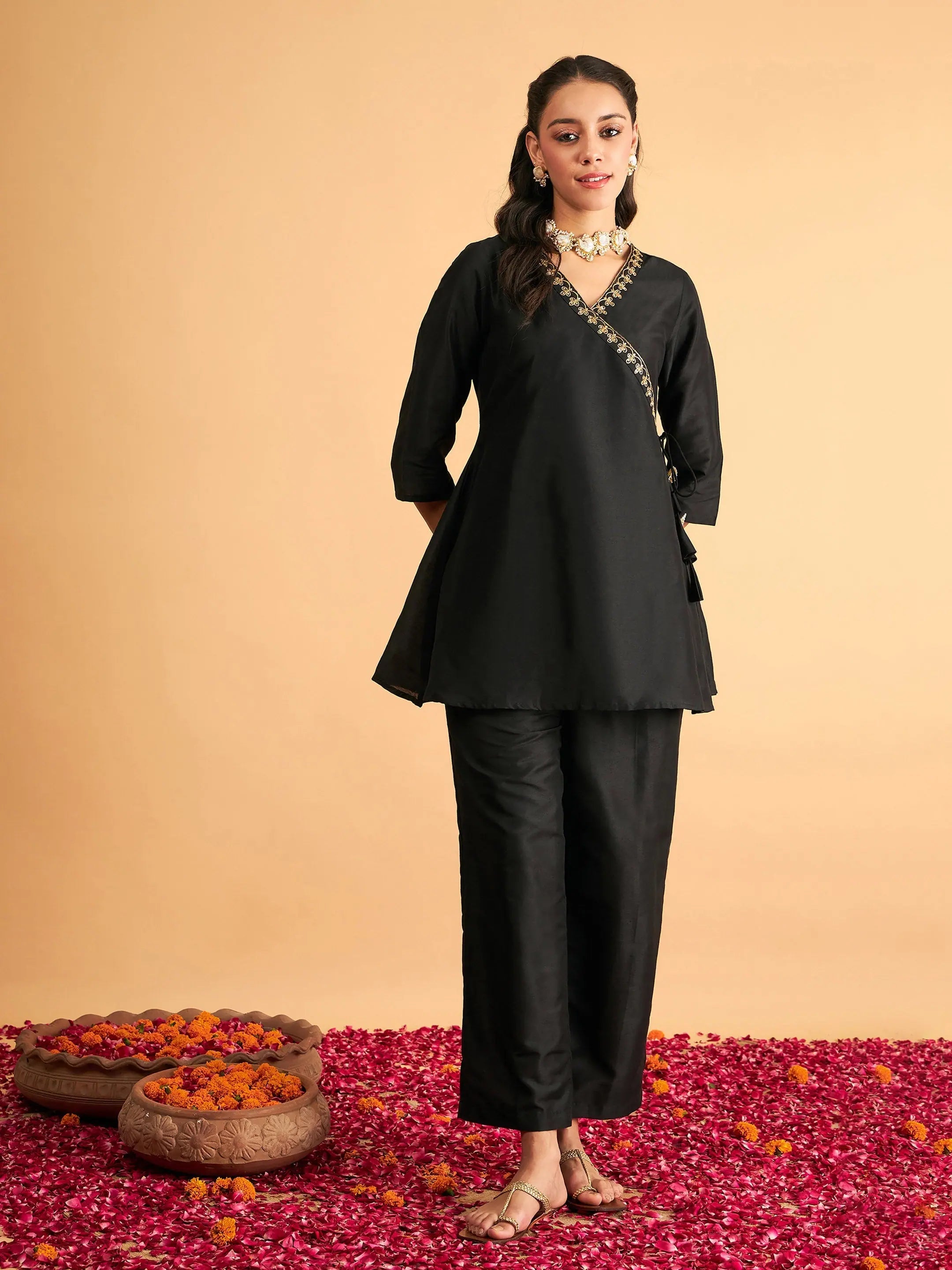 Women Black Embroidered Wrap Top With PantsRompers