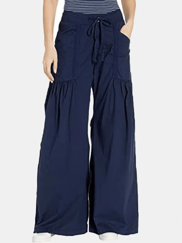 Women Solid Color Elastic Waist Loose Wide Leg Pants with PocketLinen Pants