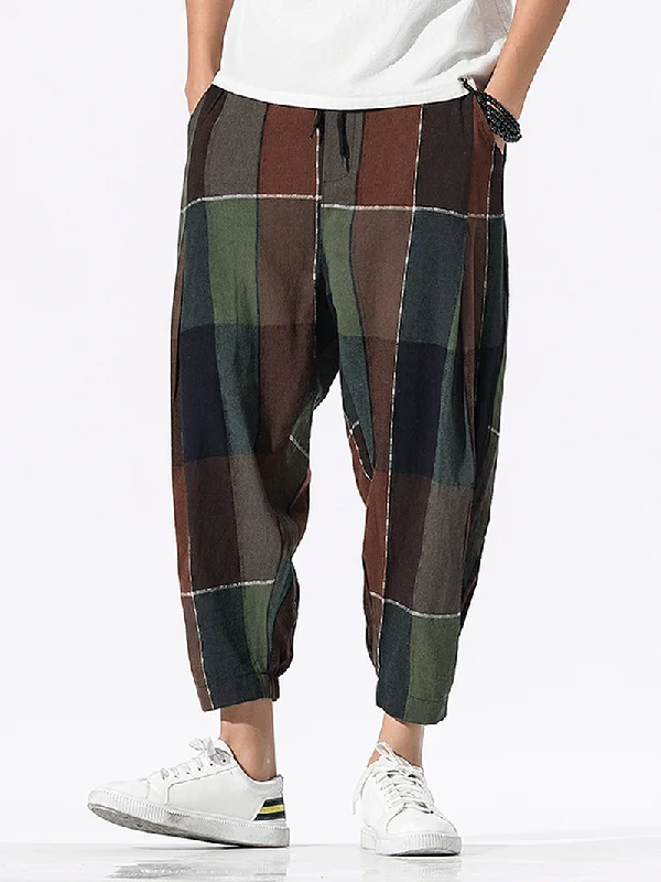 Mens 100% Cotton Plaid Drawstring Elastic Leg Casual Pants with PocketHiking Pants