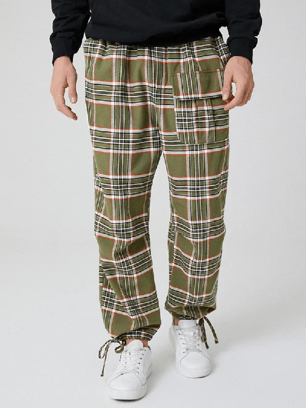 Mens Cotton Plaid Multi Pocket Casual Drawstring Elastic Waist Jogger PantsSnow Pants