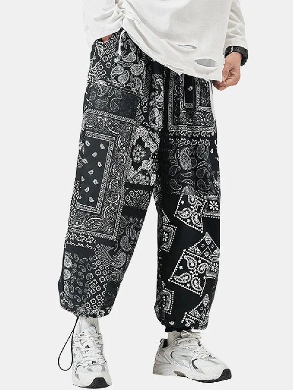 Mens Paisley Ethnic Print Cotton Relaxed Fit Drawstring Cuff PantsCamouflage Pants