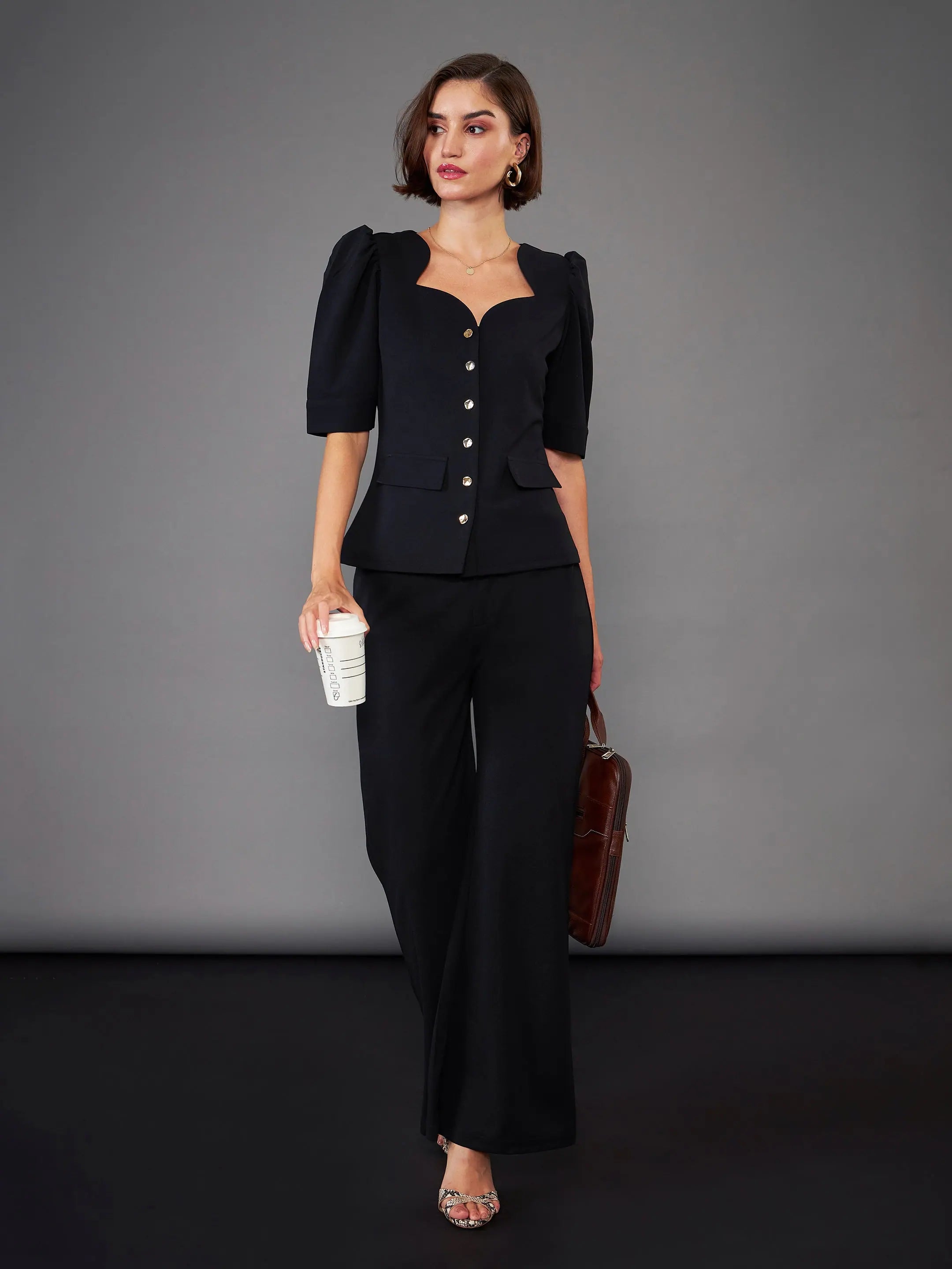 Women Black Puff Sleeves Top With Bell Bottom PantsHot Pants