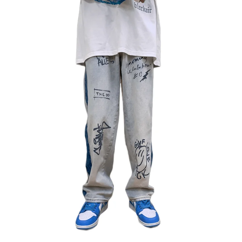 Trendy Brand Jeans Men'S Loose Fashion Long Pants Personality Printing Straight-Leg PantsStraight-leg