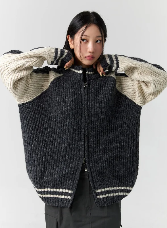 Colorblock Zip-Up Sweater CS308Knitted Striped