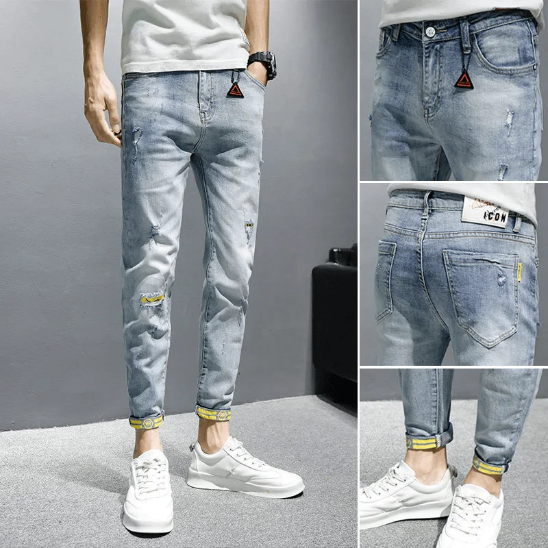 Jeans Men'S Trendy Brand Spring and Autumn New Slim Casual Nine-Point Pants Men'S TrousersCargos