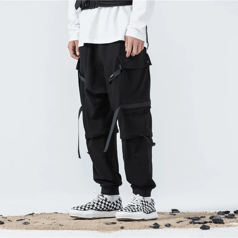 Overalls Men'S Spring and Autumn Dark Black Functional Wind Pants Webbing Drawstring TrousersCasual Pants