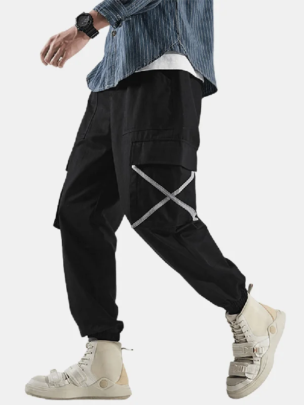 Mens Side X Ribbon Cotton Elastic Ankle Drawstring Cargo Jogger PantsJumpsuits