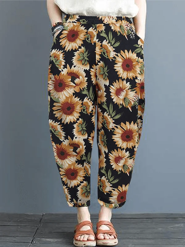 Women Sunflower Daisy Floral Print Cotton Casual Pants with Side PocketsPegged Pants