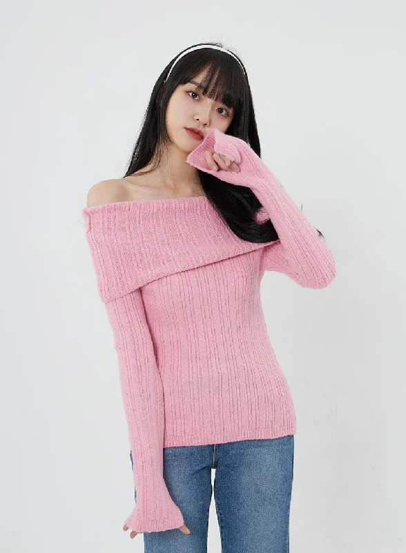 Off-Shoulder Stripe Knit Top OD22Knitted Pullover