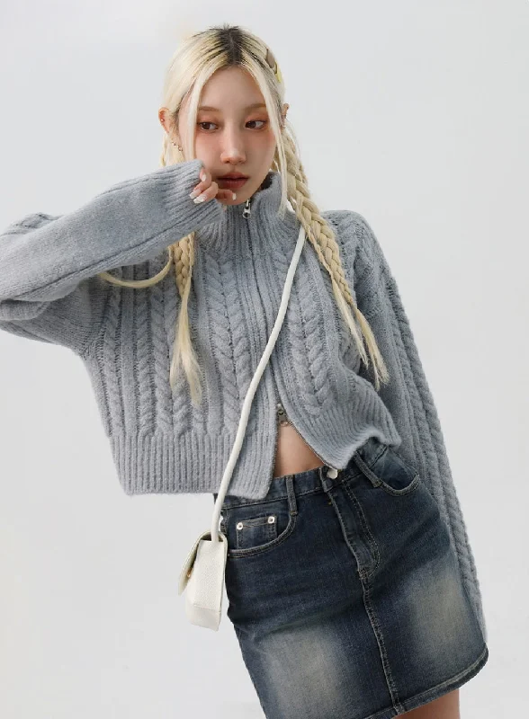 Cable Knit Zip-Up Sweater IS311Knit Patterned